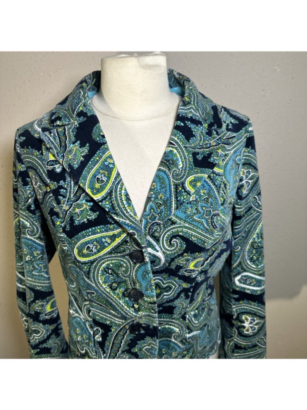 Vintage Talbots Size 10 Petite Paisley Printed Velvet Single Breasted Blazer - Picture 2 of 16